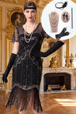 Zwart zilver V-hals pailletten met franjes Bodycon midi jurk uit de jaren 1920 met 5-delige accessoires set