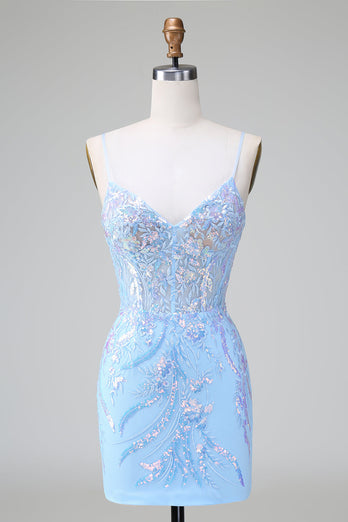 Blauwe pailletten korset open rug korte Homecoming jurk met borduurwerk