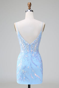 Blauwe pailletten korset open rug korte Homecoming jurk met borduurwerk