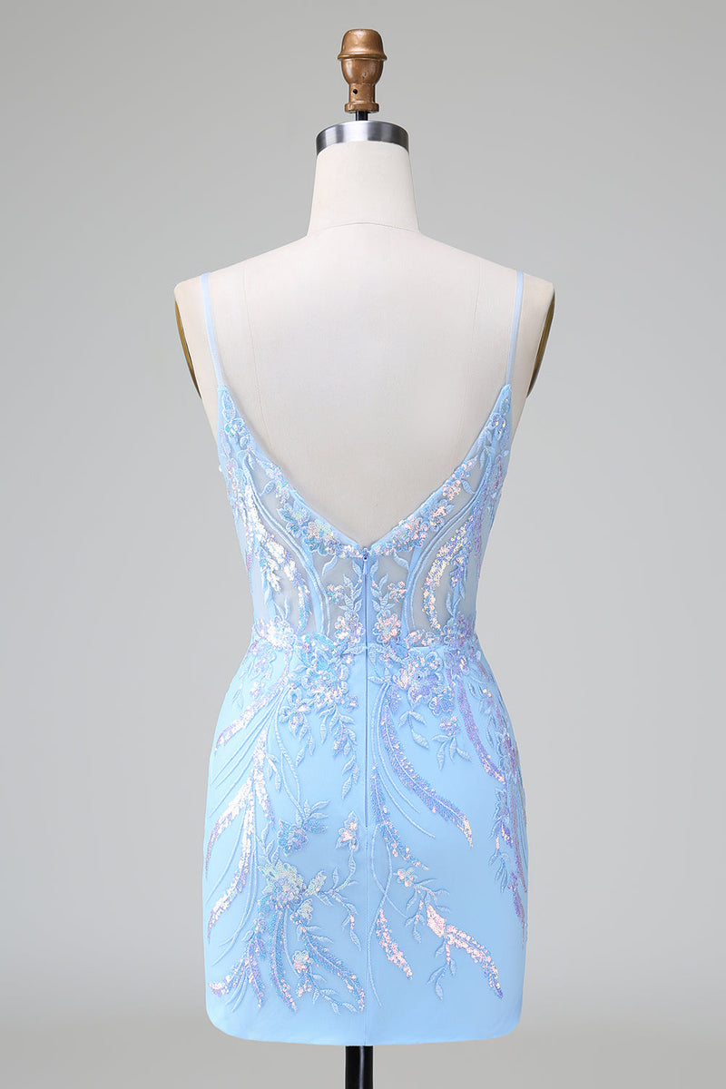 Afbeelding in Gallery-weergave laden, Blauwe pailletten korset open rug korte Homecoming jurk met borduurwerk
