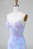 Afbeelding in Gallery-weergave laden, Blauwe pailletten korset open rug korte Homecoming jurk met borduurwerk