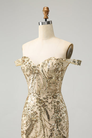 Sprankelende Bodycon gouden off-the-shoulder Homecoming-jurk met pailletten