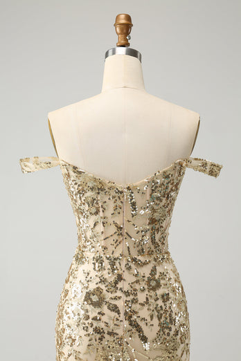 Sprankelende Bodycon gouden off-the-shoulder Homecoming-jurk met pailletten