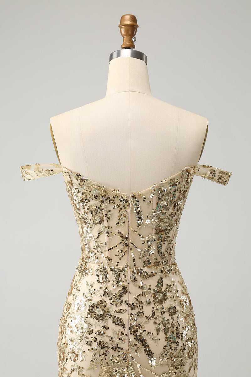 Afbeelding in Gallery-weergave laden, Sprankelende Bodycon gouden off-the-shoulder Homecoming-jurk met pailletten