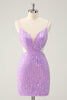 Afbeelding in Gallery-weergave laden, Glitter paarse strakke pailletten V-hals korte Homecoming jurk