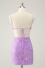 Afbeelding in Gallery-weergave laden, Glitter paarse strakke pailletten V-hals korte Homecoming jurk