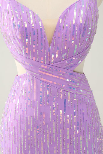 Glitter paarse strakke pailletten V-hals korte Homecoming jurk