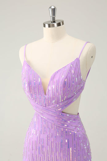 Glitter paarse strakke pailletten V-hals korte Homecoming jurk