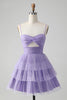 Afbeelding in Gallery-weergave laden, Leuke paarse A lijn spaghetti bandjes Tulle gelaagde korte Homecoming jurk