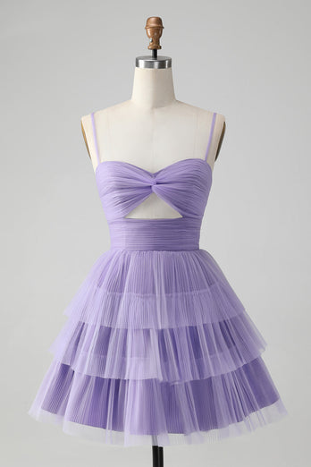 Leuke paarse A lijn spaghetti bandjes Tulle gelaagde korte Homecoming jurk