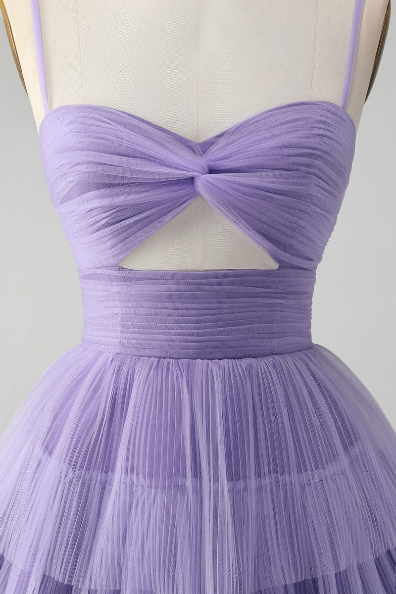 Afbeelding in Gallery-weergave laden, Leuke paarse A lijn spaghetti bandjes Tulle gelaagde korte Homecoming jurk