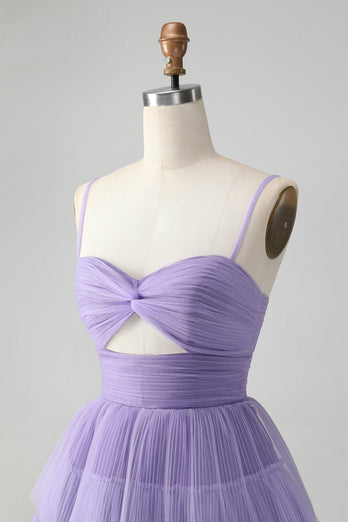 Leuke paarse A lijn spaghetti bandjes Tulle gelaagde korte Homecoming jurk