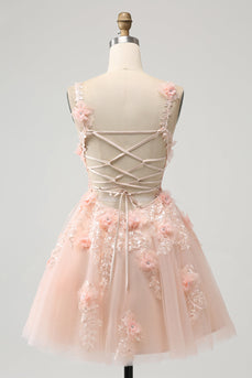 Sprankelende Blush A Line V-hals pailletten korte Homecoming jurk met 3D bloemen
