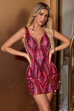 Glitter Fuchsia Bodycon V-hals Backless Korte Homecoming Jurk met pailletten