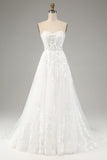 Witte A Line Tule Lange Mouwen Trouwjurk met Appliques Lace