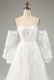 Witte A Line Tule Lange Mouwen Trouwjurk met Appliques Lace