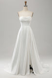 Elegante A Line Strapless Geplooide Sweep Train Witte Trouwjurk Met Split