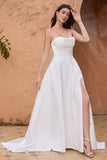 Elegante A Line Strapless Geplooide Sweep Train Witte Trouwjurk Met Split