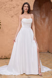 Elegante A Line Strapless Geplooide Sweep Train Witte Trouwjurk Met Split