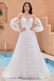 A Line Sweetheart Applique Lace White Trouwjurk met Afneembare Mouwen