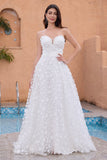 A Line Sweetheart Applique Lace White Trouwjurk met Afneembare Mouwen