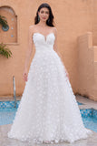 A Line Sweetheart Applique Lace White Trouwjurk met Afneembare Mouwen