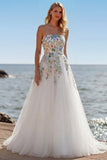 Witte A Line Strapless 3D Bloemen Tule Trouwjurk met Split