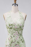 Saliegroene halterhals doorschijnend korset Bodycon geborduurde homecomingjurk