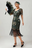 Flapper bordeauxrode pailletten bodycon gefranjerde jurk uit de jaren 1920