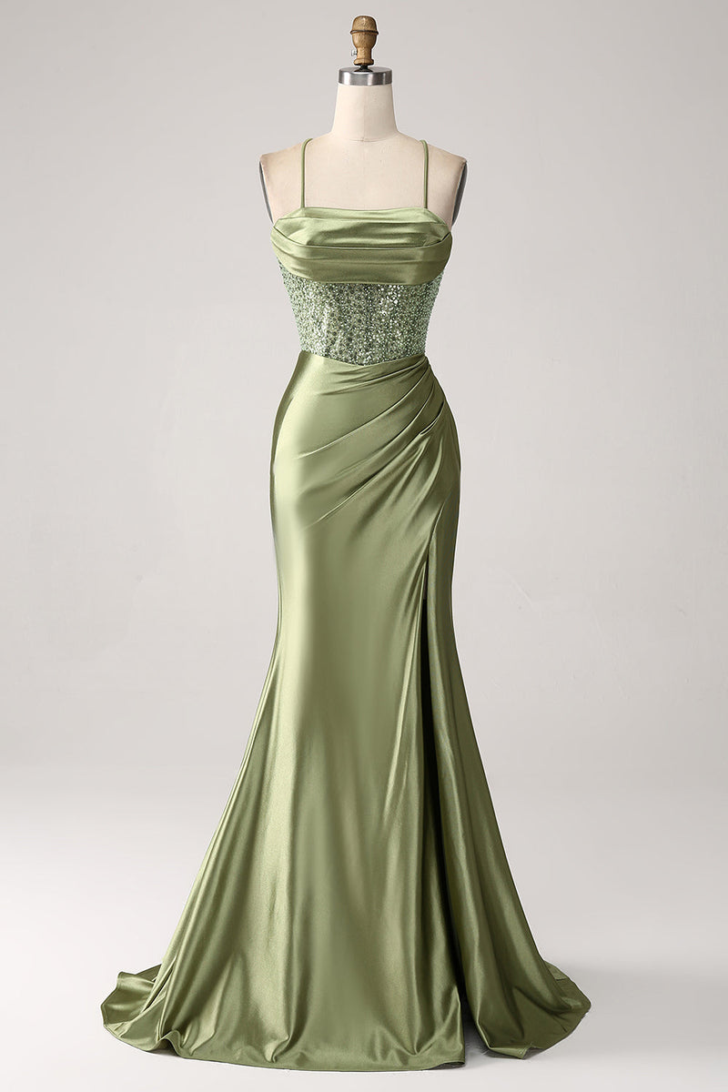 Afbeelding in Gallery-weergave laden, Leger groene zeemeermin Cowl halslijn pailletten lange prom jurk met split