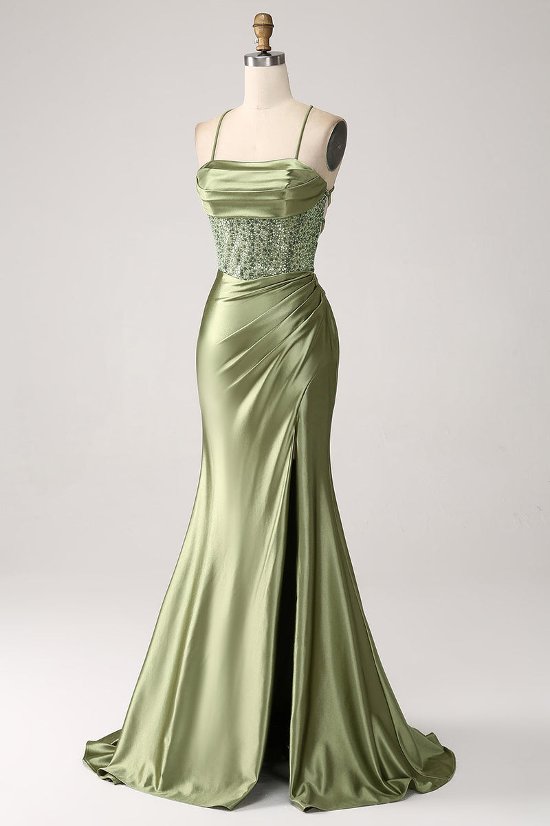 Afbeelding in Gallery-weergave laden, Leger groene zeemeermin Cowl halslijn pailletten lange prom jurk met split