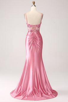 Roze zeemeermin Spaghetti bandjes pailletten korset Prom jurk met split
