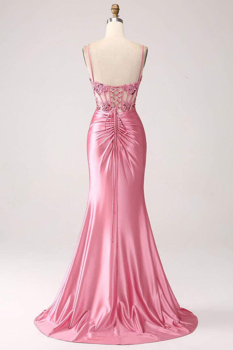Afbeelding in Gallery-weergave laden, Roze zeemeermin Spaghetti bandjes pailletten korset Prom jurk met split