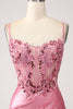 Afbeelding in Gallery-weergave laden, Roze zeemeermin Spaghetti bandjes pailletten korset Prom jurk met split