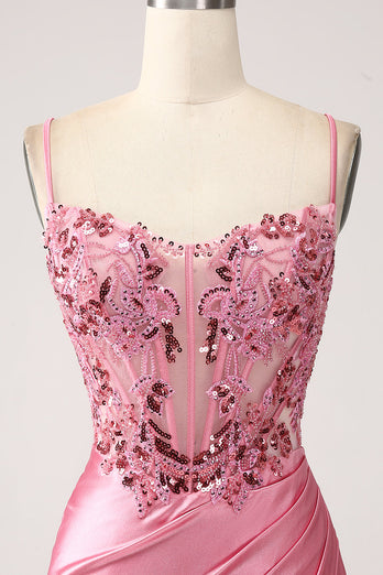 Roze zeemeermin Spaghetti bandjes pailletten korset Prom jurk met split