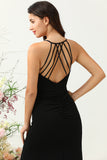 Zwarte Halter Schede Open Back Lange Bruidsmeisje Jurk