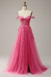 A Line Off the Shoulder Hot Pink Long Prom Jurk met Appliques