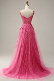 A Line Off the Shoulder Hot Pink Long Prom Jurk met Appliques