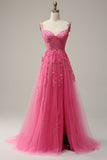 A Line Off the Shoulder Hot Pink Long Prom Jurk met Appliques