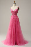 A Line Off the Shoulder Hot Pink Long Prom Jurk met Appliques