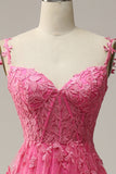 A Line Off the Shoulder Hot Pink Long Prom Jurk met Appliques