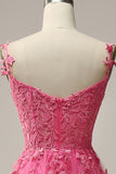 A Line Off the Shoulder Hot Pink Long Prom Jurk met Appliques