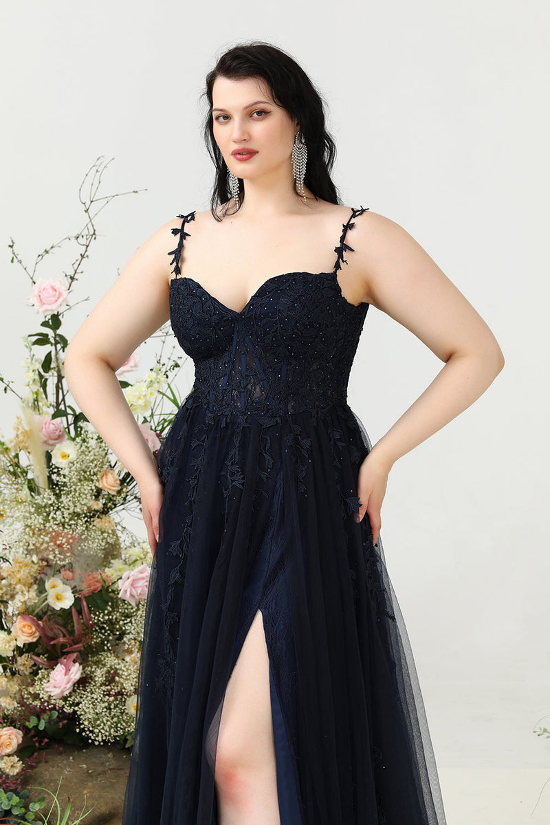 Afbeelding in Gallery-weergave laden, A Line Spaghetti Straps Navy Plus Size Galajurk met Appliques