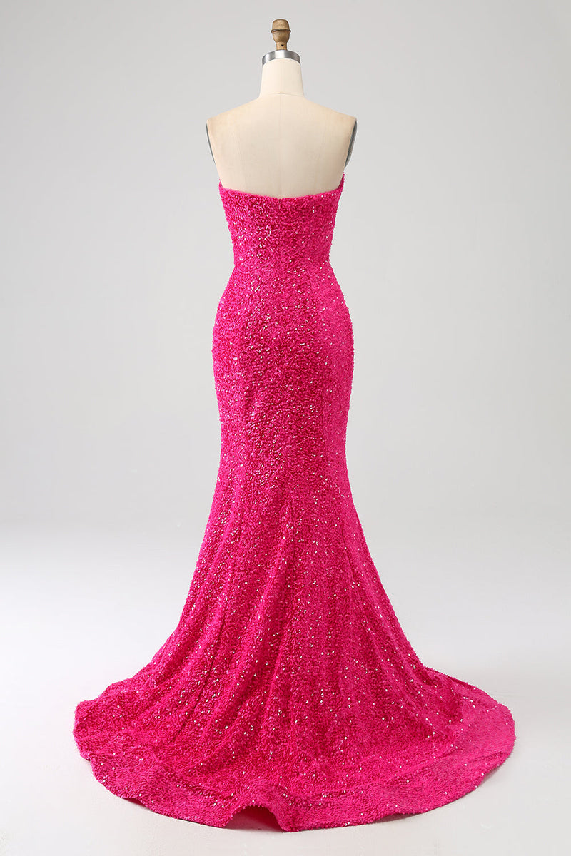 Afbeelding in Gallery-weergave laden, Bling zeemeermin Sweetheart Hot Pink pailletten lange Prom jurk