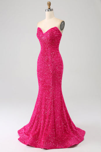 Bling zeemeermin Sweetheart Hot Pink pailletten lange Prom jurk