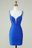 Bodycon Deep V Hals Royal Blue Short Homecoming Jurk met Kralen