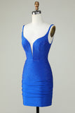 Bodycon Deep V Hals Royal Blue Short Homecoming Jurk met Kralen