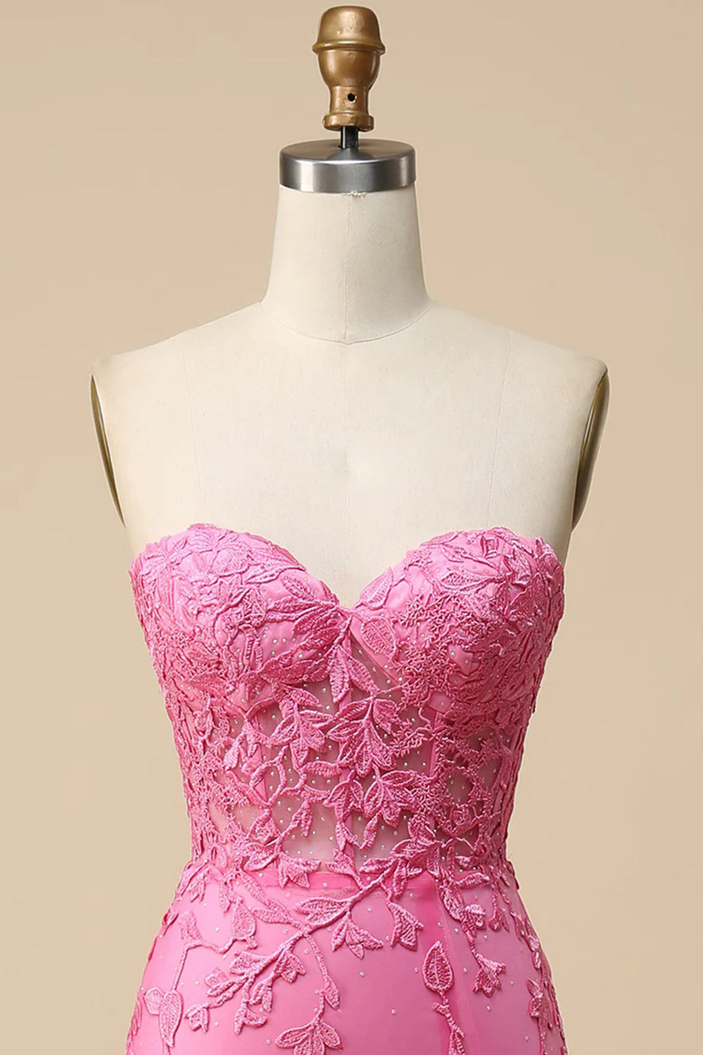 Roze korset Sweetheart lange kanten zeemeermin galajurk met split