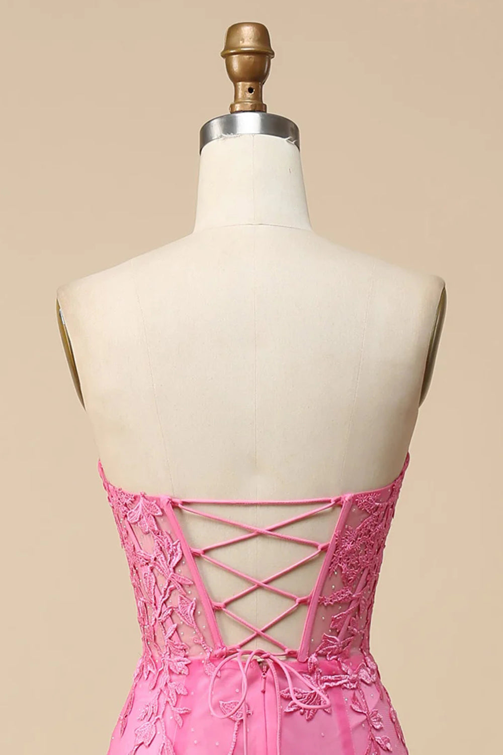 Roze korset Sweetheart lange kanten zeemeermin galajurk met split