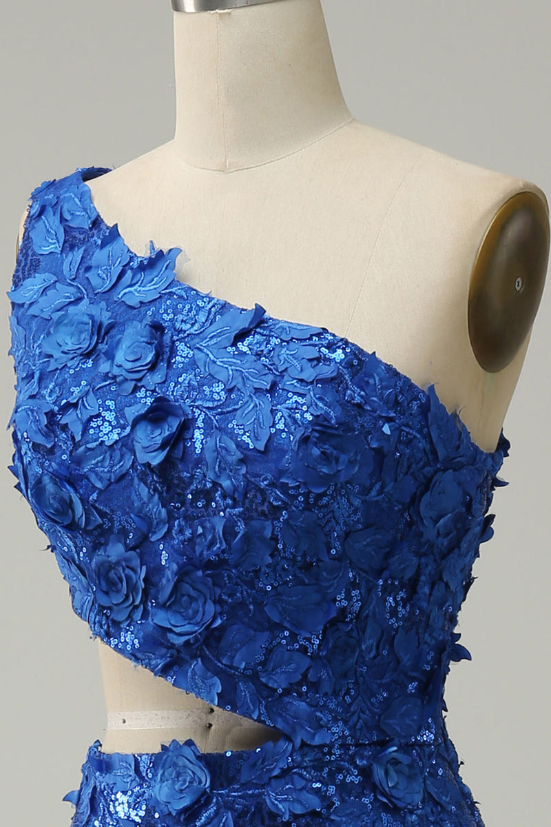 Afbeelding in Gallery-weergave laden, Zeemeermin Een Schouder Royal Blue Pailletten Cut Out Galajurk met Split Front